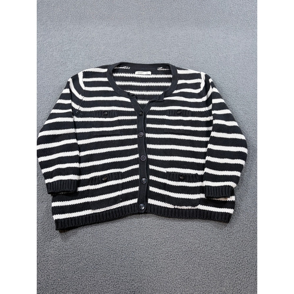 Old Navy Cardigan Women XL Black White Striped Button Front Knit Pocket Sweater